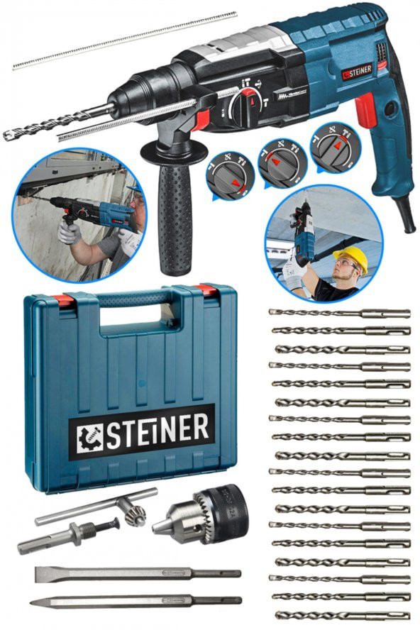 STEİNER Alman 4000 Watt Profesyonel Kırıcı Delici Hilti Darbeli Matkap Gri + 20 Adet Uç + Mandren ürün görseli 1