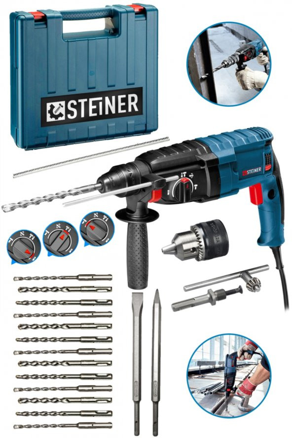 STEİNER Alman 4000 Watt Profesyonel Kırıcı Delici Hilti Darbeli Matkap + 15 Adet Uç + Mandren ürün görseli 1