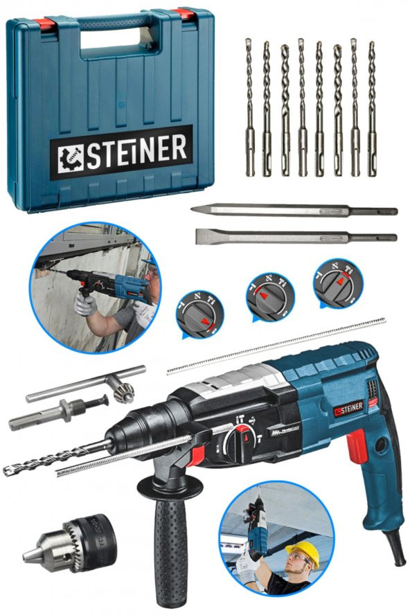 STEİNER Alman 4000 Watt Profesyonel Kırıcı Delici Hilti Darbeli Matkap Gri + 10 Adet Uç + Mandren ürün görseli 1