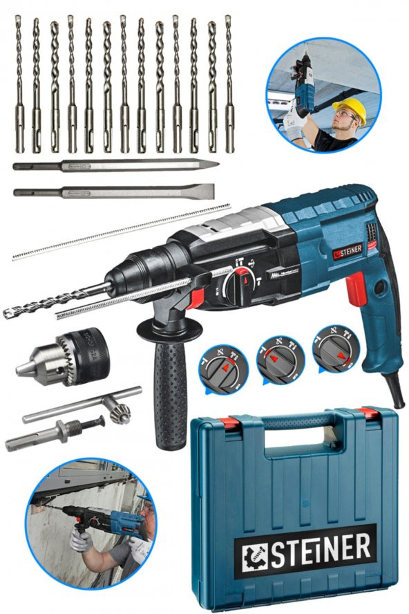 STEİNER Alman 4000 Watt Profesyonel Kırıcı Delici Hilti Darbeli Matkap Gri + 15 Adet Uç + Mandren ürün görseli 1