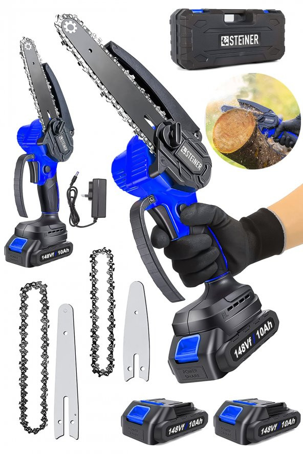 STEİNER Alman 148 Vf 10 Ah 100 Kömürsüz Motor Akülü Dal Kesme Budama Testere Bıçkı Makinesi 15 Cm Mavi ürün görseli 1