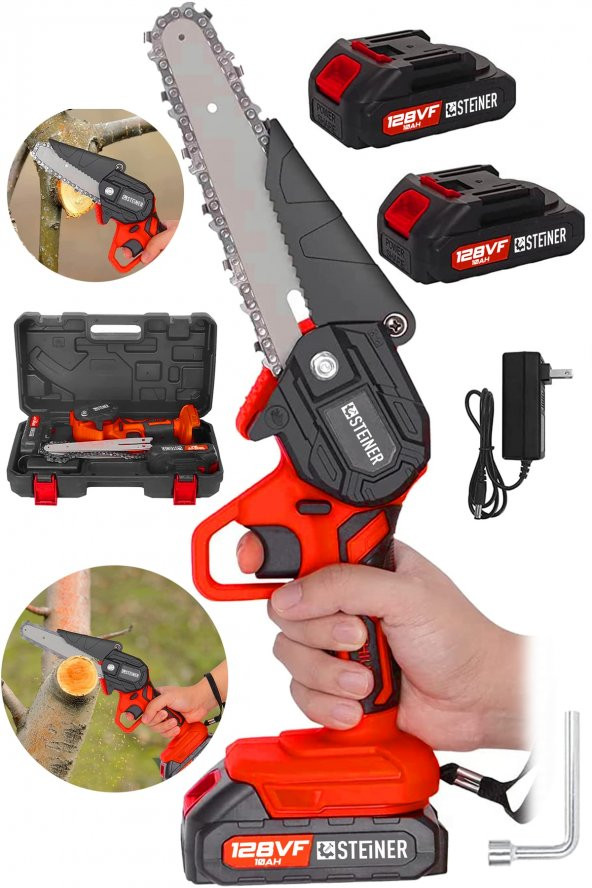STEİNER Alman 128 Vf 10 Ah Çelik Şanzuman Akülü Dal Kesme Budama Testere Bıçkı Makinesi + Yedek Zincir ürün görseli 1