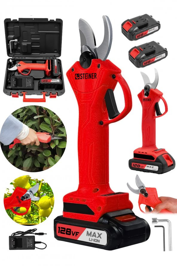 STEİNER Alman 128 Vf 10 Ah Profesyonel Çift Akülü Bağ Makası Dal Budama Kesme Makası Makinesi Çantalı Kırmız ürün görseli 1