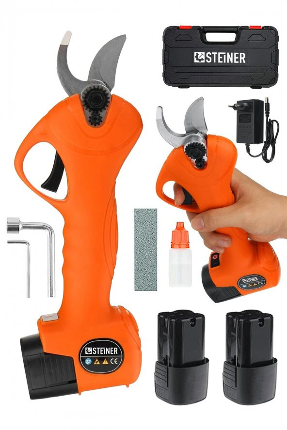 STEİNER Alman 128 Vf 10 Ah Kömürsüz Motor Akülü Bağ Makası Dal Budama Kesme Makası Makinesi Çantalı Turuncu ürün görseli 1