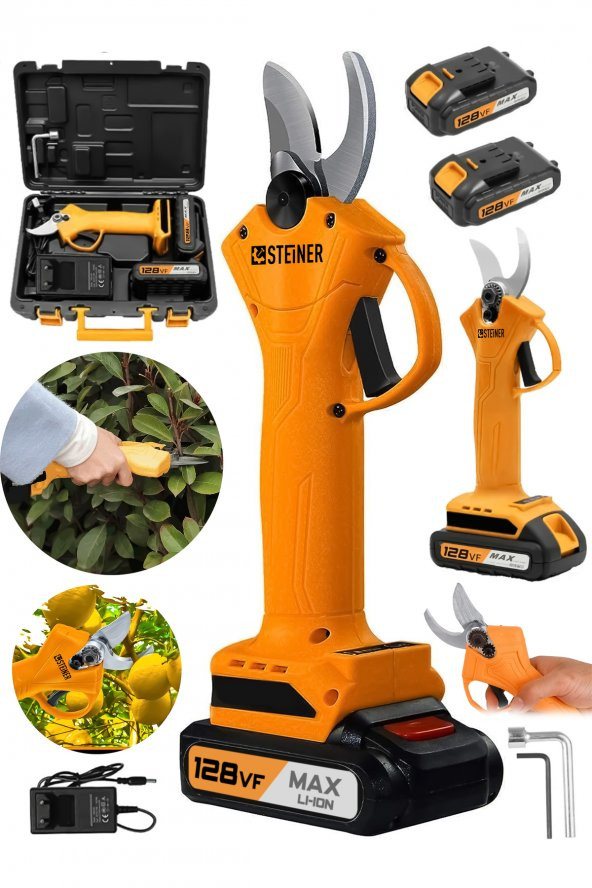 STEİNER Alman 128 Vf 10Ah Profesyonel Çift Akülü Bağ Makası Dal Budama Kesme Makası Makinesi Çantalı Turuncu ürün görseli 1