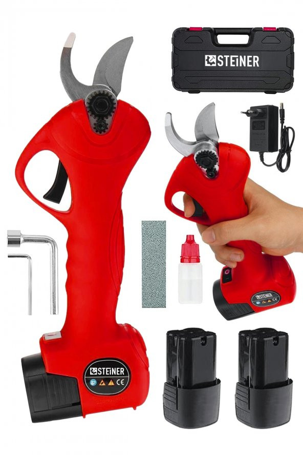 STEİNER Alman 128 Vf 10 Ah Kömürsüz Motor Akülü Bağ Makası Dal Budama Kesme Makası Çantalı Kırmızı ürün görseli 1