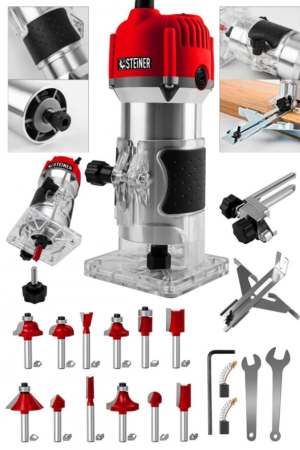 STEİNER Alman 3000 Watt 6 Kademe Devir Ayarlı Formika Traşlama Freze Makinesi 6 Mm Pens + 12 Adet Uç ürün görseli 1