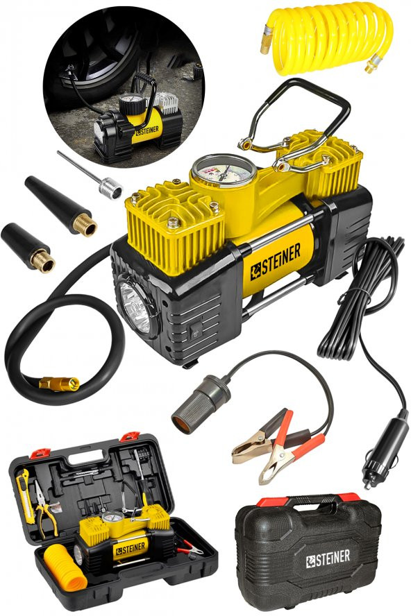 STEİNER Alman Profesyonel 12V Çift Pistonlu 150 Psi Işıklı Araç Araba Lastik Bot Şişirme Kompresörü Full Set ürün görseli 1