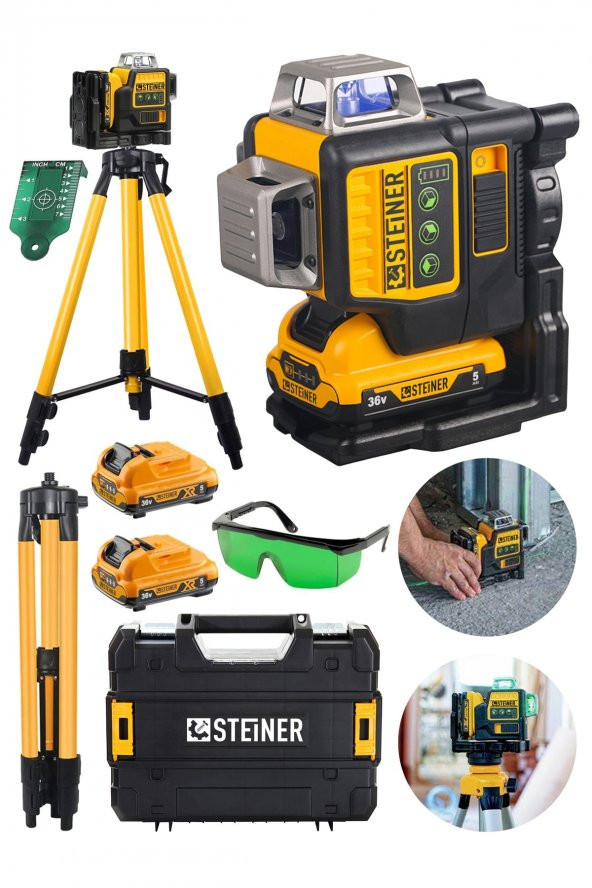STEİNER Alman 36 V 5 Ah Çift Akülü 12 Köşe 360° Otomatik Hizalamalı Yeşil Çizgili Lazer Hizalama + Tripod ürün görseli 1