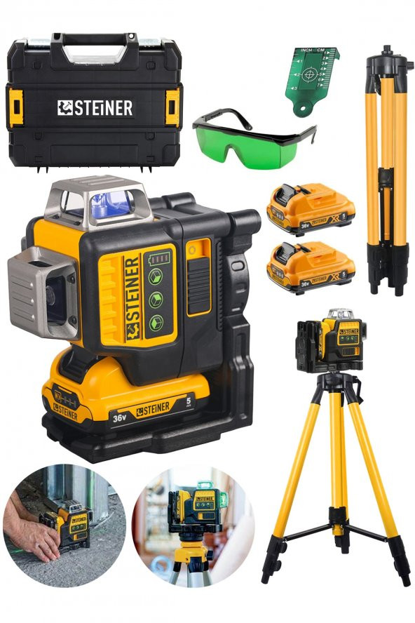STEİNER Alman 36 V 5 Ah Profesyonel Çift Akülü 12 Köşe 360° Otomatik Lazer Hizalama + Tripod Hediyeli ürün görseli 1