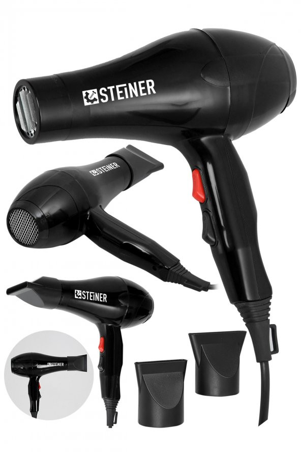 STEİNER Alman 3400 Watt Profesyonel Saç Kurutma Makinesi Fön Makinesi Ac Motor Ms-9001 Siyah + 2 Adet Başlık ürün görseli 1