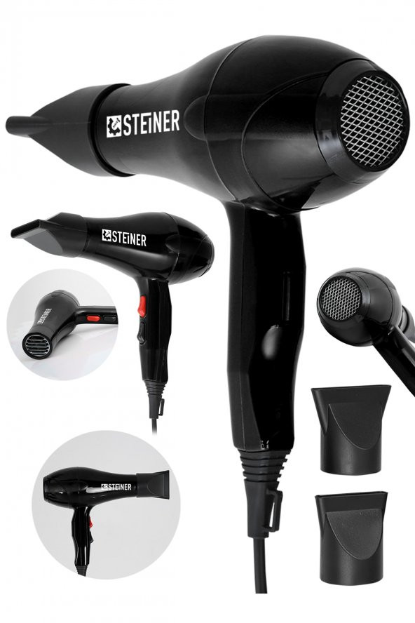 STEİNER Alman 3600 Watt Profesyonel Saç Kurutma Makinesi Fön Makinesi Ac Motor Ms-9001 Siyah + 2 Adet Başlık ürün görseli 1