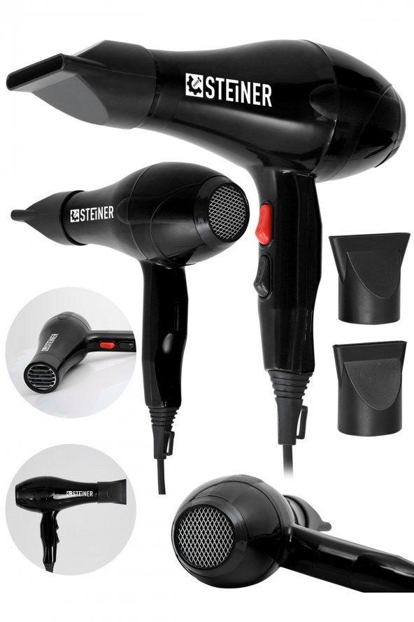 STEİNER Alman 3800 Watt Profesyonel Saç Kurutma Makinesi Fön Makinesi Ac Motor Ms-9001 Siyah + 2 Adet Başlık ürün görseli 1