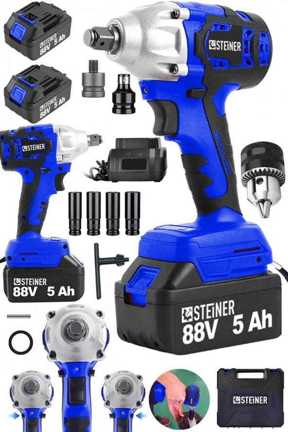 STEİNER Alman 88 V 5 Ah Çift Akülü Metal Şanzuman Bijon Somun Sıkma Sökme Matkap Kömürsüz Çantalı + Mandren ürün görseli 1