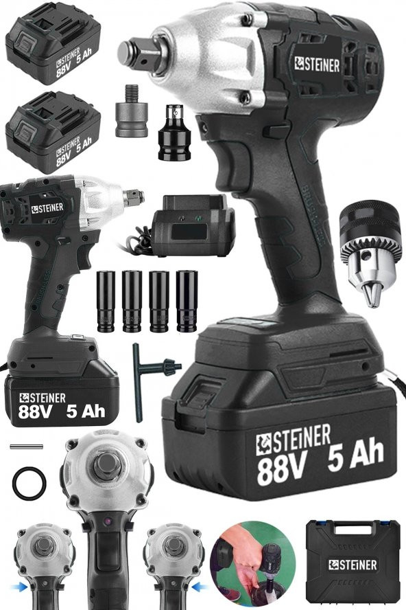 STEİNER Alman 88 V 5 Ah Çift Akülü Metal Şanzuman Bijon Somun Sıkma Sökme Matkap Kömürsüz Çantalı + Mandren ürün görseli 1