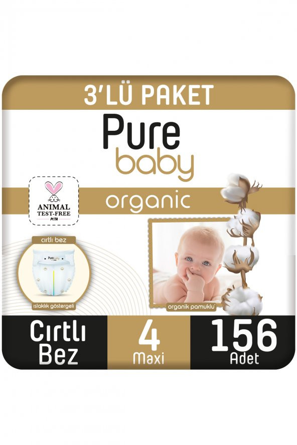Pure Baby Organik Pamuklu Cırtlı Bez 3Lü Paket 4 Numara Maxi 156 Adet ürün görseli 1