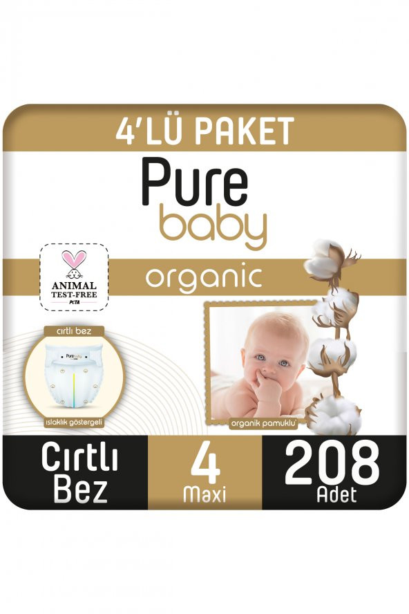 Pure Baby Organik Pamuklu Cırtlı Bez Pure Baby 4lü  Paket 4 Numara Maxi 208 Adet ürün görseli 1
