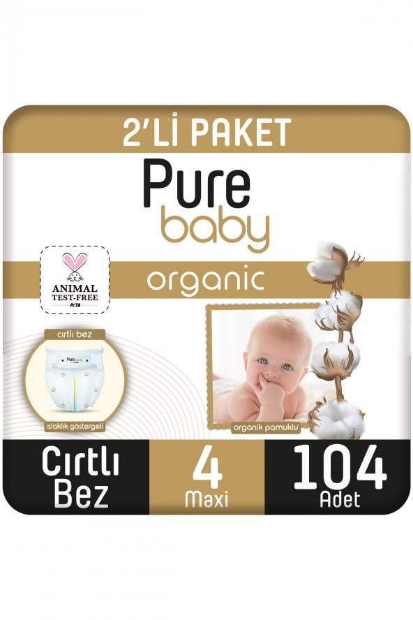 Pure Baby Organik Pamuklu Cırtlı Bez Pure Baby 2li Paket 4 Numara Maxi 104 Adet ürün görseli 1