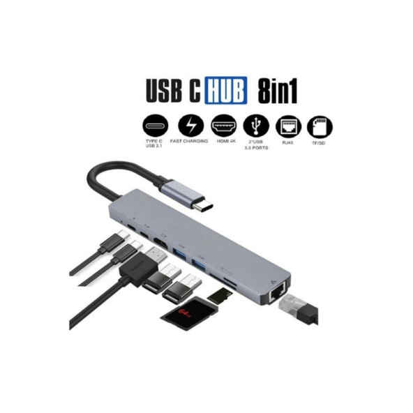 Macbook Pro Air Usb Type-c Hub Dönüştürücü Çevirici Çoklayıcı Usb Hdmı Micro Sd 8 Girişli Rj8i1new ürün görseli 1