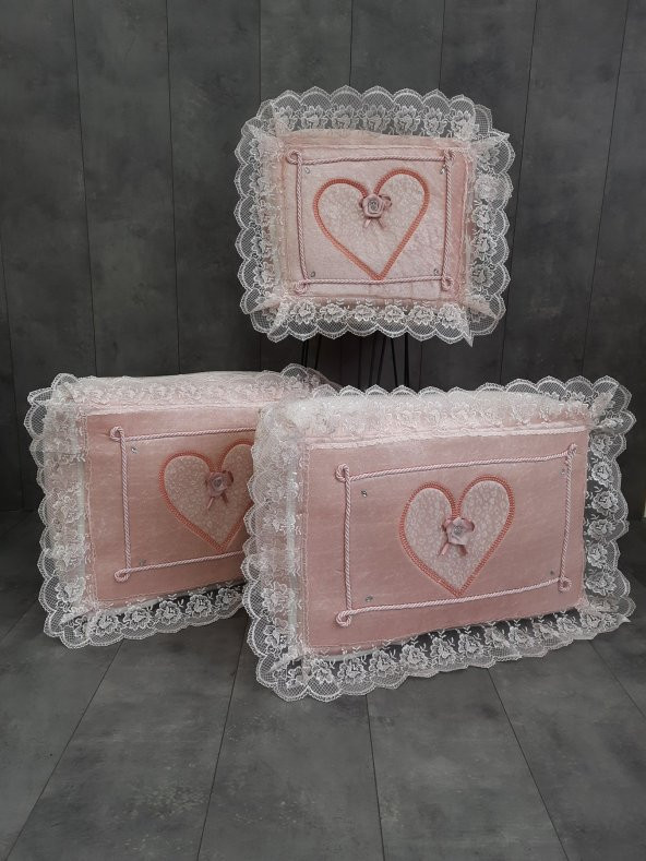 Love Pudra Pembe Dantelli Kalpli 3lü Çeyizlik Hurç Seti, Düğün, Nişan, Bohça, Gelin, Damat, Hurcu ürün görseli 1