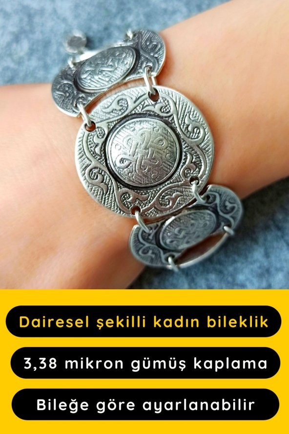 Dairesel Şekilli Motifli Kadın Bileklik Gümüş Kaplama Ayarlanabilir El Yapımı Bileklik ürün görseli 1