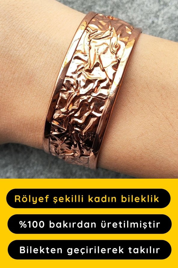 Bakır Renk Rölyef Desen Şekilli Kadın Bileklik El Yapımı Ayarlanabilir Bakır Bileklik ürün görseli 1
