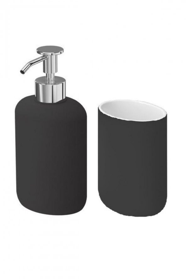 2 Li Banyo Seti Ekoln Sıvı Sabunluk Diş Fırçalık Koyu Gri Renk Stoneware ürün görseli 1