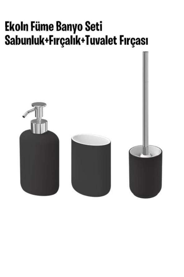 3 Parça Banyo Seti Ekoln Sabunluk, Diş Fırçalık, Tuvalet Fırçası Koyu Gri Renk Stoneware ürün görseli 1