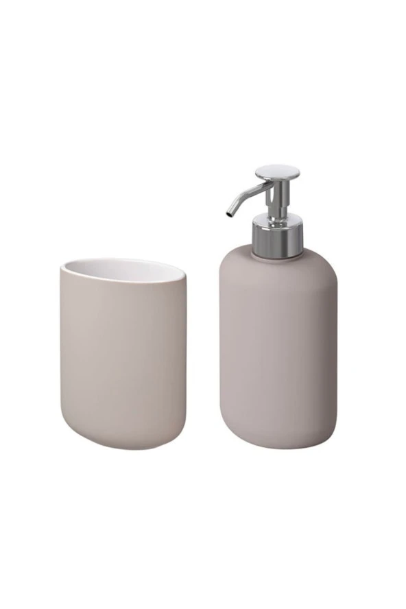 2 Li Banyo Seti Ekoln Sıvı Sabunluk Diş Fırçalık Bej Renk Stoneware ürün görseli 1