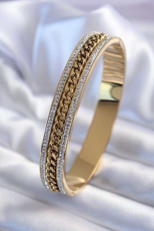 316L Çelik Gold Renk Zirkon Taşlı Zincir İşleme Kadın Kelepçe ürün görseli 1