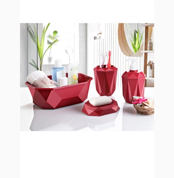 Prizma 4'lü Banyo Seti  - Banyo Organizer - Banyo Dekorasyon Seti Bordo Renk ürün görseli 1