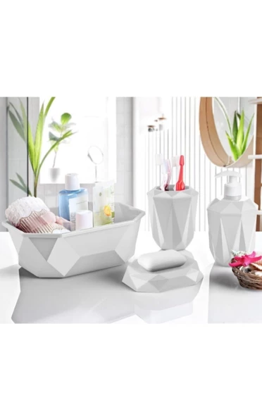Prizma 4'lü Banyo Seti  - Banyo Organizer - Banyo Dekorasyon Seti Beyaz Renk ürün görseli 1