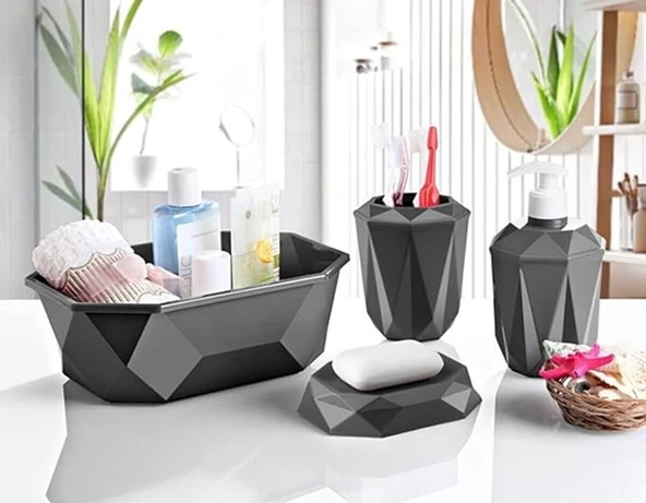 Prizma 4'lü Banyo Seti  - Banyo Organizer - Banyo Dekorasyon Seti Antrasit Gri ürün görseli 1