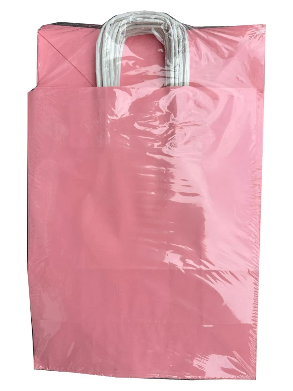 Büküm Saplı Kraft Kağıt Çanta Karton Hediyelik Poşet Torba - Pembe - 18x24 Cm. - 25 Adetlik 2 Paket ürün görseli 1