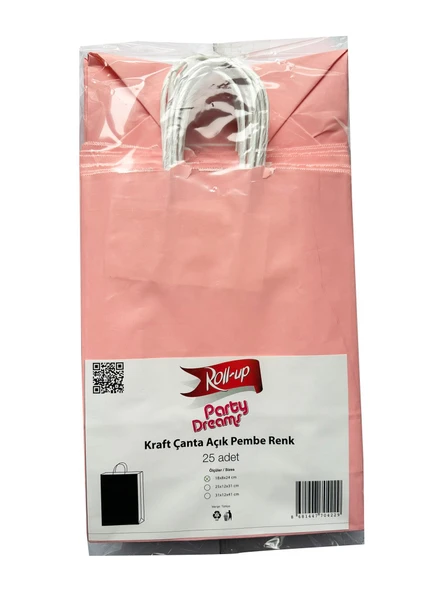 Büküm Saplı Kraft Kağıt Çanta Karton Hediyelik Poşet Torba - Pembe - 18x24 Cm. -25 Adetlik 4 Paket ürün görseli 1