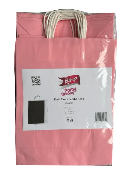 Büküm Saplı Kraft Kağıt Karton Hediyelik Çanta Poşet Torba - Pembe - 25x31 Cm. - 25 Adetlik 4 Paket ürün görseli 1