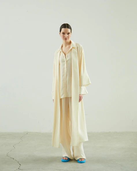 Ekru Saten Pantolon - Resim 3