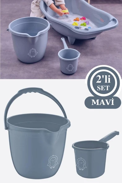 Flosoft Bebek Banyo Su Kovası ve Maşrapası 2’li Set, Saplı Oluklu Kova 13lt ve Maşrapa 1,5lt MAVİ ürün görseli 1