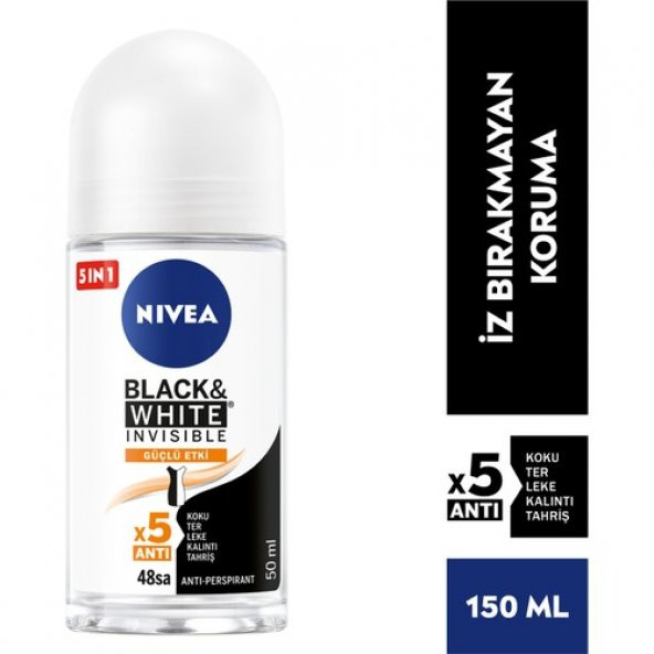 NIVEA Kadın Roll On Deodorant Black&White Invisible Güçlü Etki 50ml,Ter ve Ter Kokusuna Karşı 48 Saat Anti-perspirant Koruma ürün görseli 1