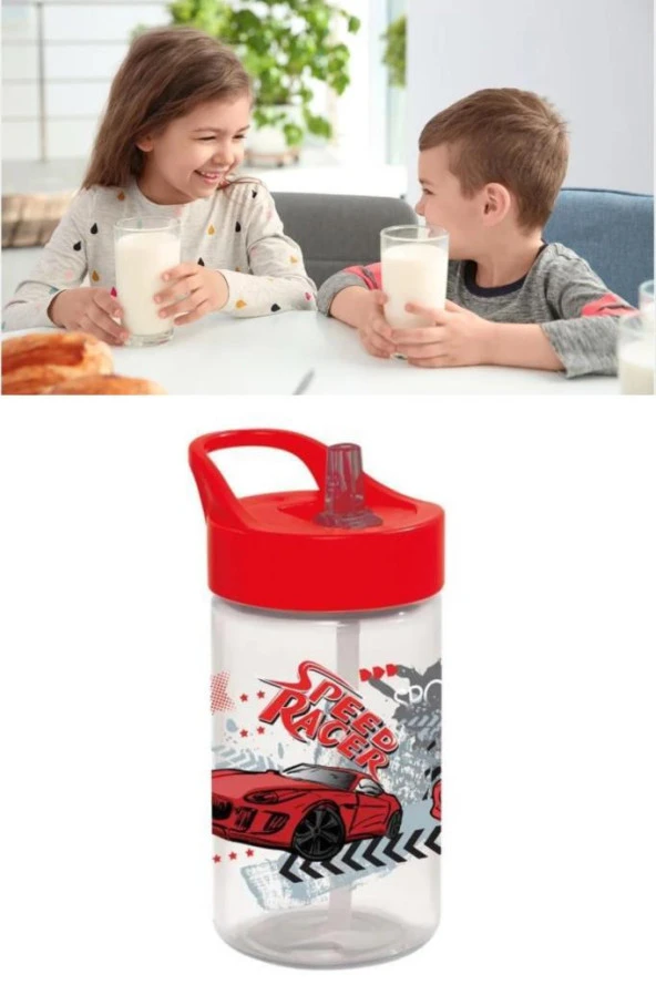 Flosoft Yarış Arabası Pipetli Çocuk Matara, Racer Desen Kapaklı Su Süt Meşrubat Bardağı 430ml ürün görseli 1