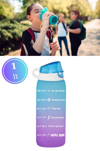 Flosoft 1 litre Çift Renk Suluk, Okul ve Sporcu Matarası, Motivasyonel Su Şişesi 1000ml Mavi ürün görseli 1