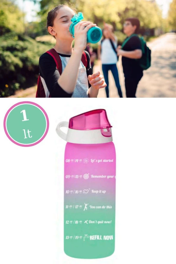 Flosoft 1 litre Çift Renk Suluk, Okul ve Sporcu Matarası, Motivasyonel Su Şişesi 1000ml Pembe ürün görseli 1
