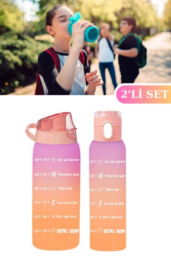Flosoft Okul ve Sporcu Matarası Suluk, Motivasyonel Su Şişesi 2’li Set Turuncu (1000ml+750 ml) ürün görseli 1