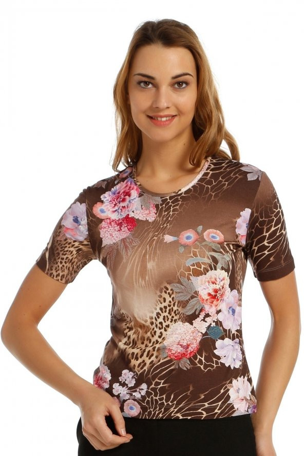Kristal Emprime Baskılı Kısa Kol Örme Lycralı T-shirt ürün görseli 1