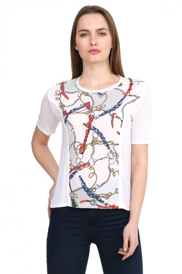 Beyaz Metalik Baskılı Viskoz Bluz T-shirt ürün görseli 1