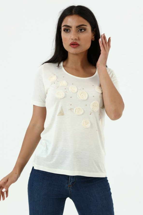 Yelken Baskı Ve Nakış Detaylı Merserize Örme T-shirt ürün görseli 1