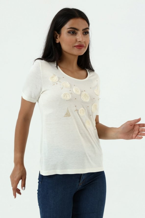 Yelken Baskı Ve Nakış Detaylı Merserize Örme T-shirt - Resim 3
