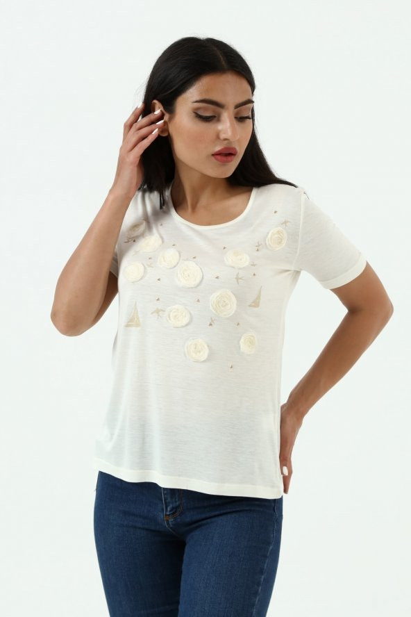 Yelken Baskı Ve Nakış Detaylı Merserize Örme T-shirt - Resim 4