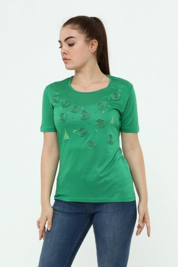 Yelken Baskı Ve Nakış Detaylı Merserize Örme T-shirt - Resim 7