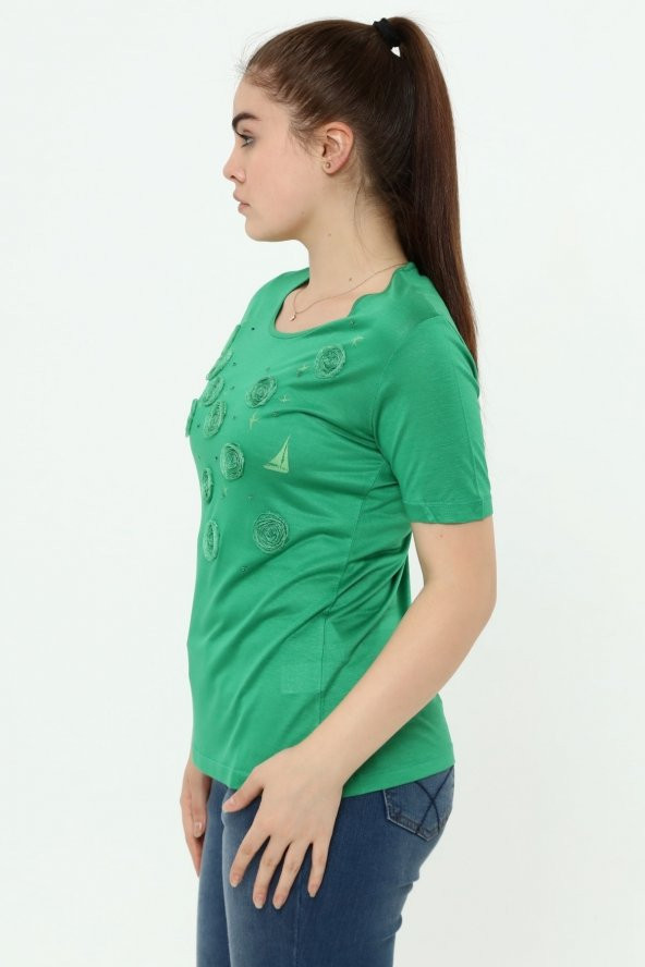 Yelken Baskı Ve Nakış Detaylı Merserize Örme T-shirt - Resim 9